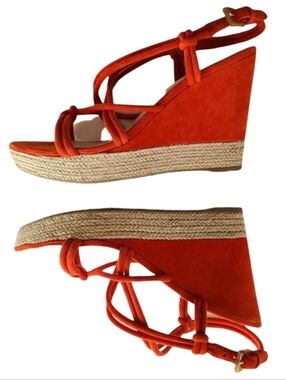 PRADA Platform Wedge Espadrille Strappy Sandal Orange-Red Suede 36